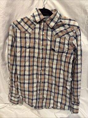 Men's Plaid Button-Up Shirt in Beige and Navy